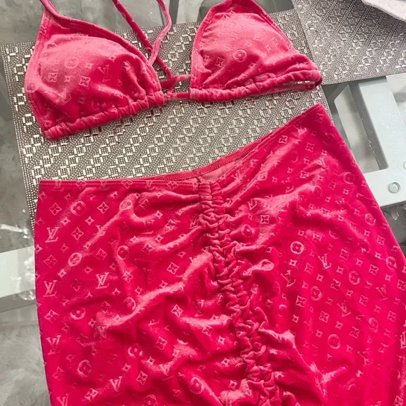 💗 LOUIS VUITTON Monogram LV Velvet Hot Pink Bikini & Skirt Swim Swimsuit NEW M - Picture 6 of 12